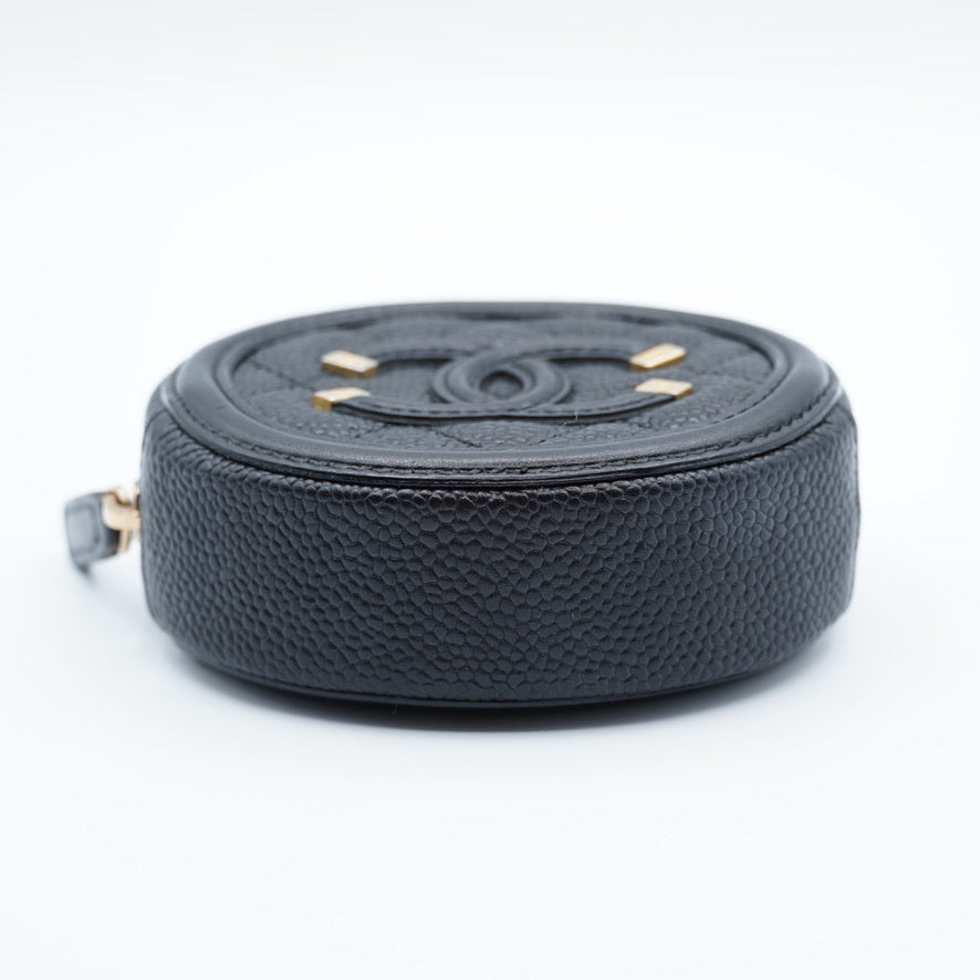 Chanel Black Quilted Caviar Leather Filigree Round Zip Coin Purse
