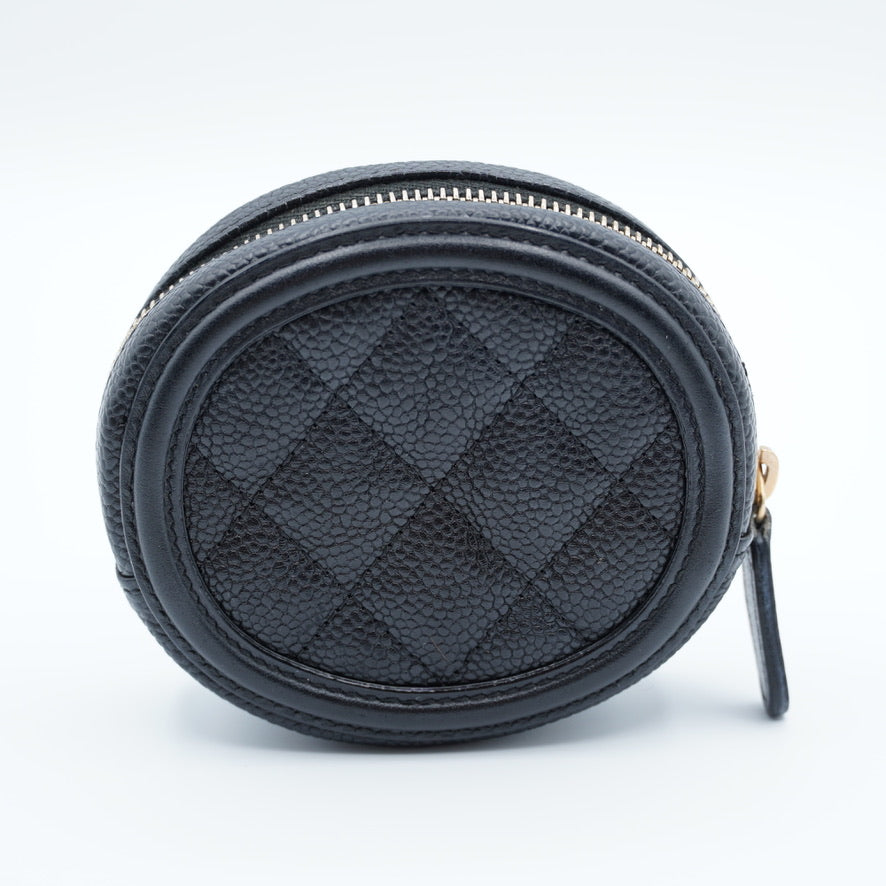 Chanel Black Quilted Caviar Leather Filigree Round Zip Coin Purse