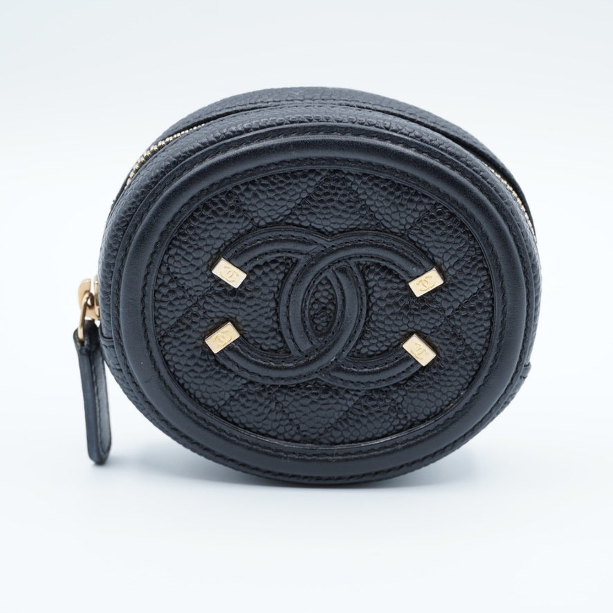 Chanel Black Quilted Caviar Leather Filigree Round Zip Coin Purse