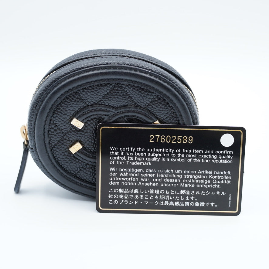 Chanel Black Quilted Caviar Leather Filigree Round Zip Coin Purse