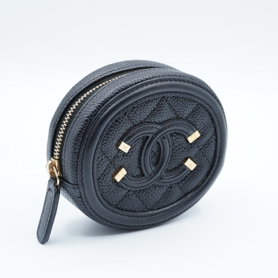 Chanel Black Quilted Caviar Leather Filigree Round Zip Coin Purse